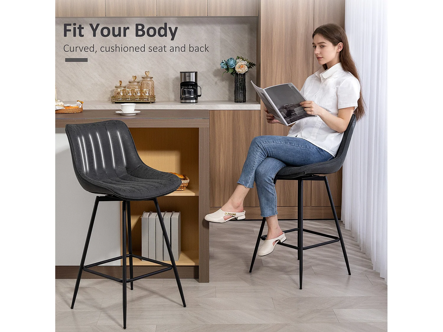 Lono Set of 2 Black Faux Leather Swivel Counter Stools