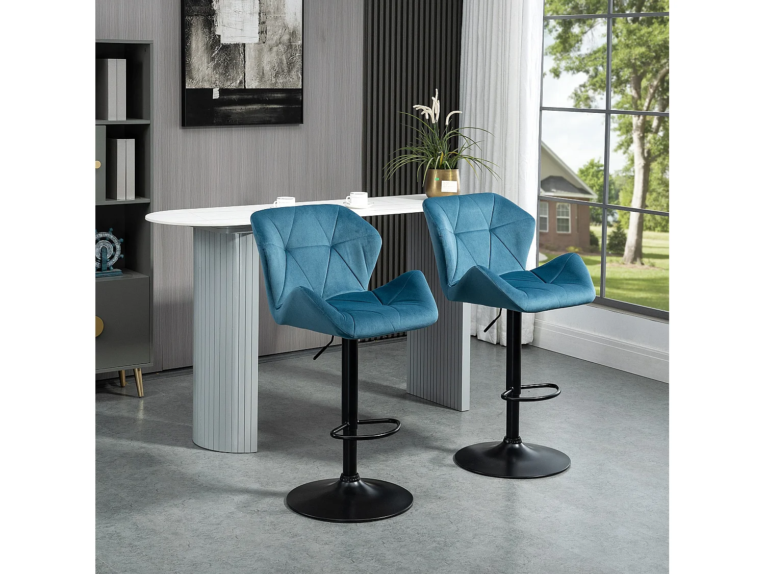Rottira Velvet Feel Blue Adjustable Swivel Bar Stools Set of 2 Sculpted Seat with Footrest