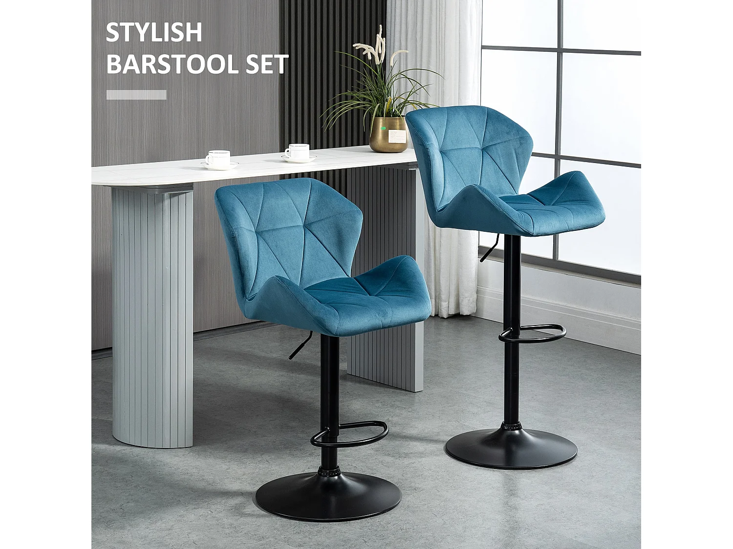 Rottira Velvet Feel Blue Adjustable Swivel Bar Stools Set of 2 Sculpted Seat with Footrest