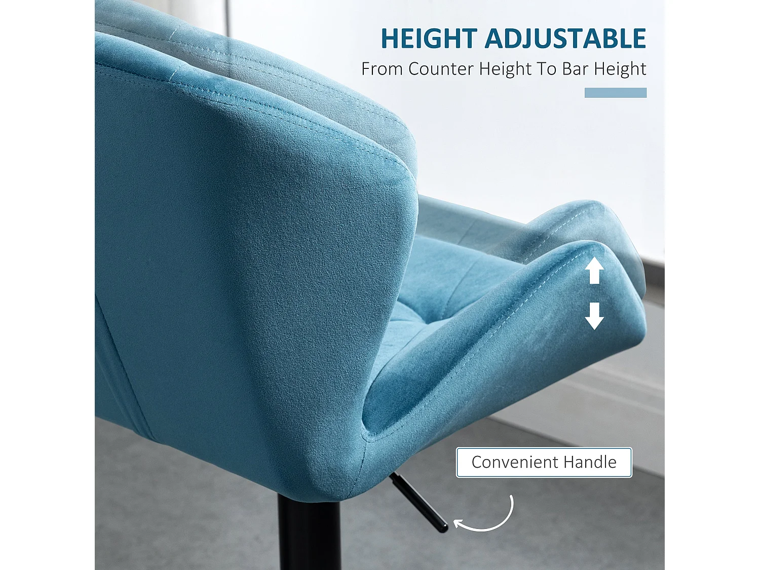 Rottira Velvet Feel Blue Adjustable Swivel Bar Stools Set of 2 Sculpted Seat with Footrest
