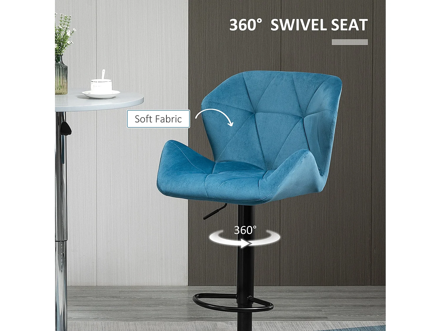 Rottira Velvet Feel Blue Adjustable Swivel Bar Stools Set of 2 Sculpted Seat with Footrest