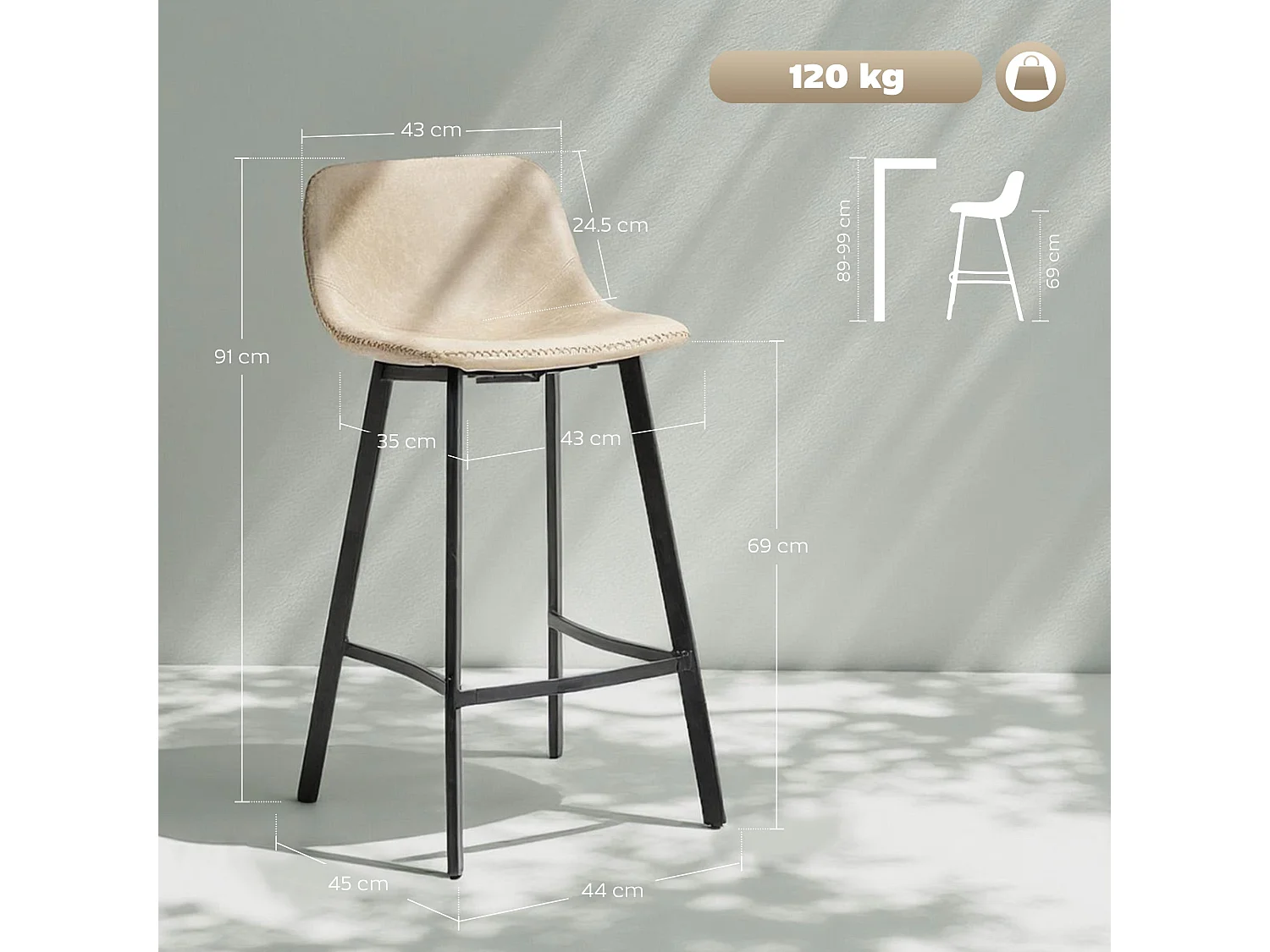 Panato Set of 2 Light Brown Faux Leather Dining Bar Stools