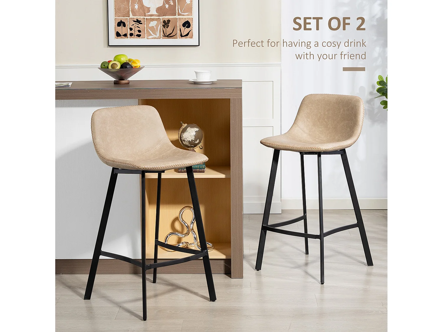 Panato Set of 2 Light Brown Faux Leather Dining Bar Stools