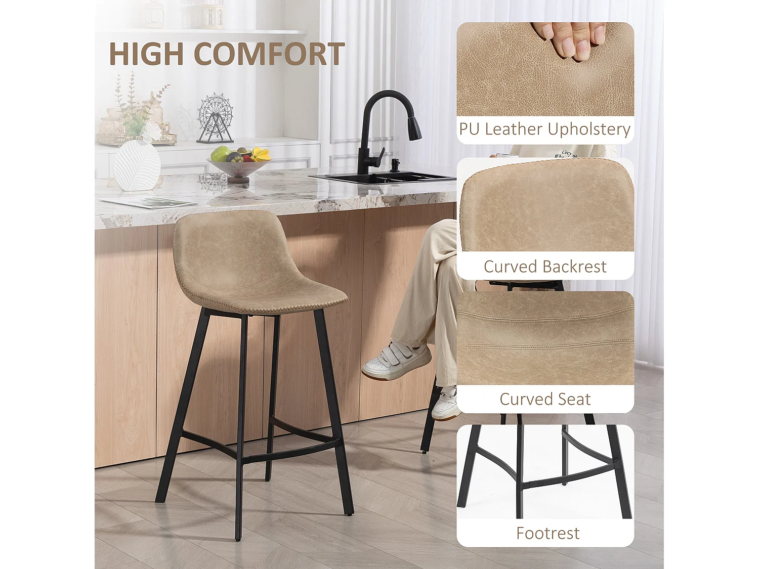 Panato Set of 2 Light Brown Faux Leather Dining Bar Stools