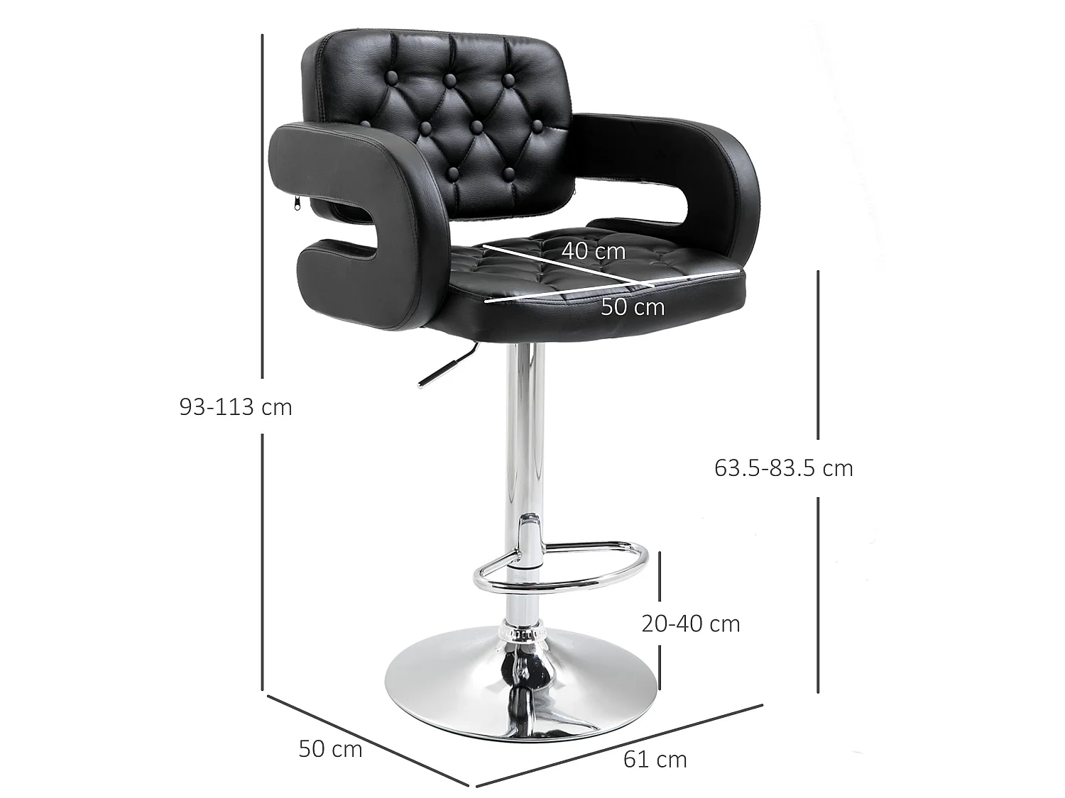 Rina Black Faux Leather Adjustable Swivel Bar Stool with Armrests and Footrest