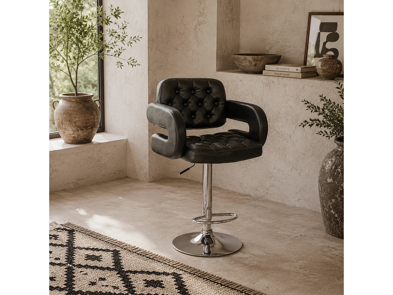 Rina Black Faux Leather Adjustable Swivel Bar Stool with Armrests and Footrest