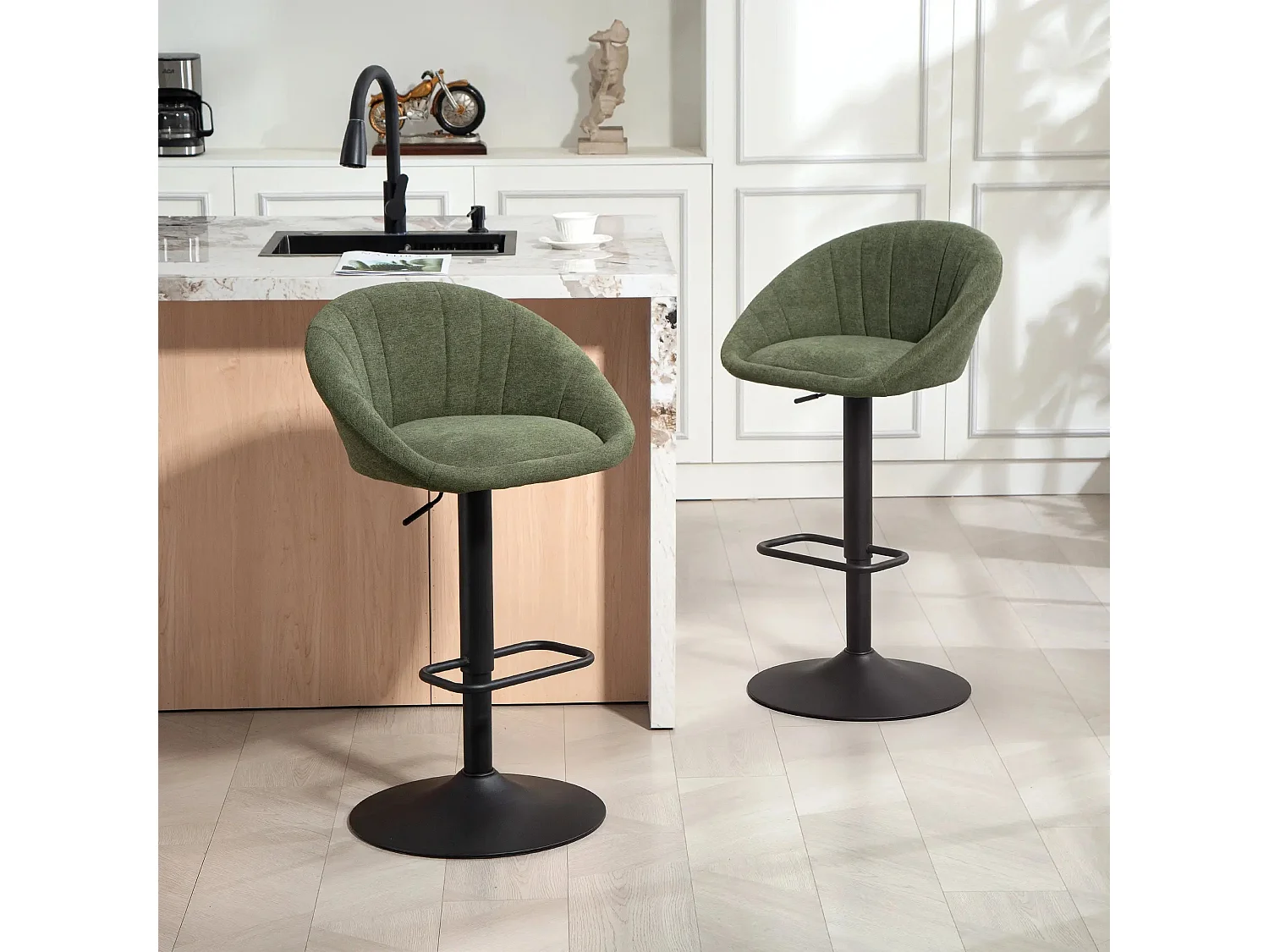 Spetti Set of 2 Dark Green Fabric Tub Bar Stools Adjustable Height 360° Swivel