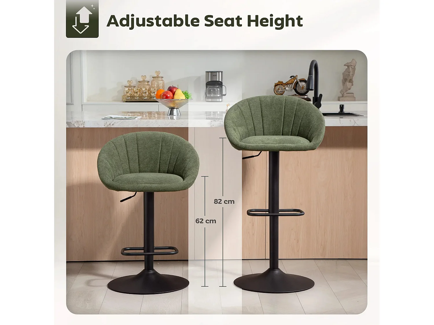 Spetti Set of 2 Dark Green Fabric Tub Bar Stools Adjustable Height 360° Swivel