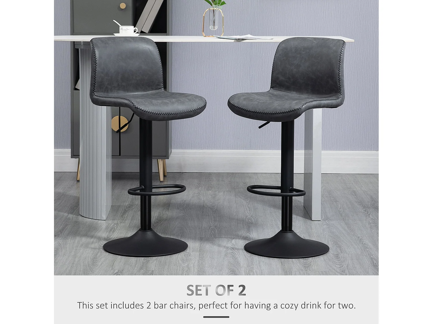 Moretta PU Leather Adjustable Bar Stools Set of 2 with Backrest and Footrest