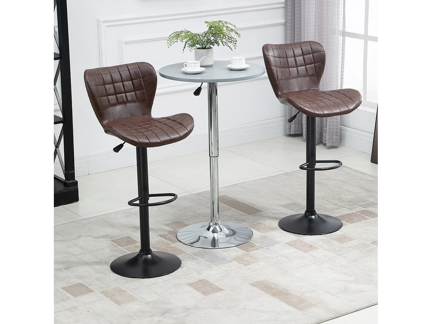 Setora Set of 2 Brown Faux Leather Adjustable Bar Stools with Backrest and Footrest