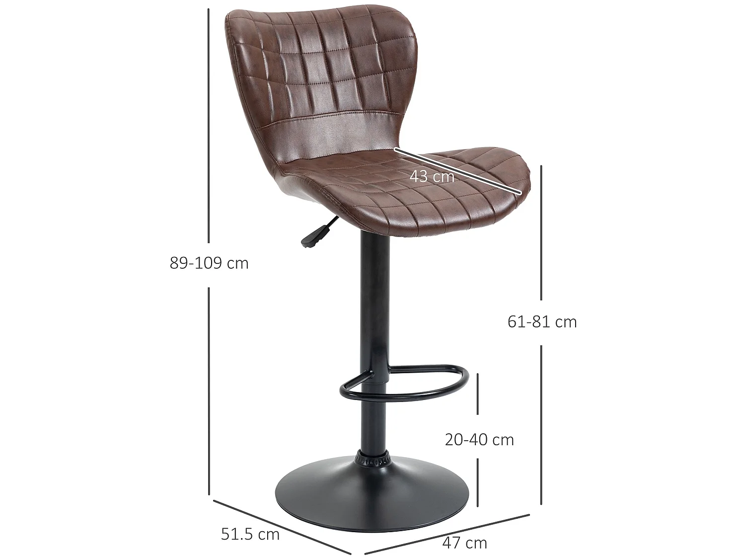 Setora Set of 2 Brown Faux Leather Adjustable Bar Stools with Backrest and Footrest