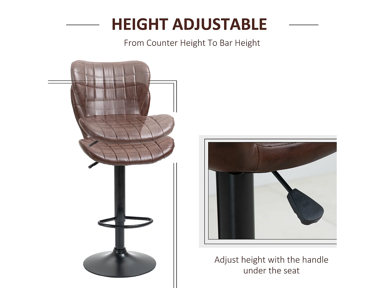 Setora Set of 2 Brown Faux Leather Adjustable Bar Stools with Backrest and Footrest