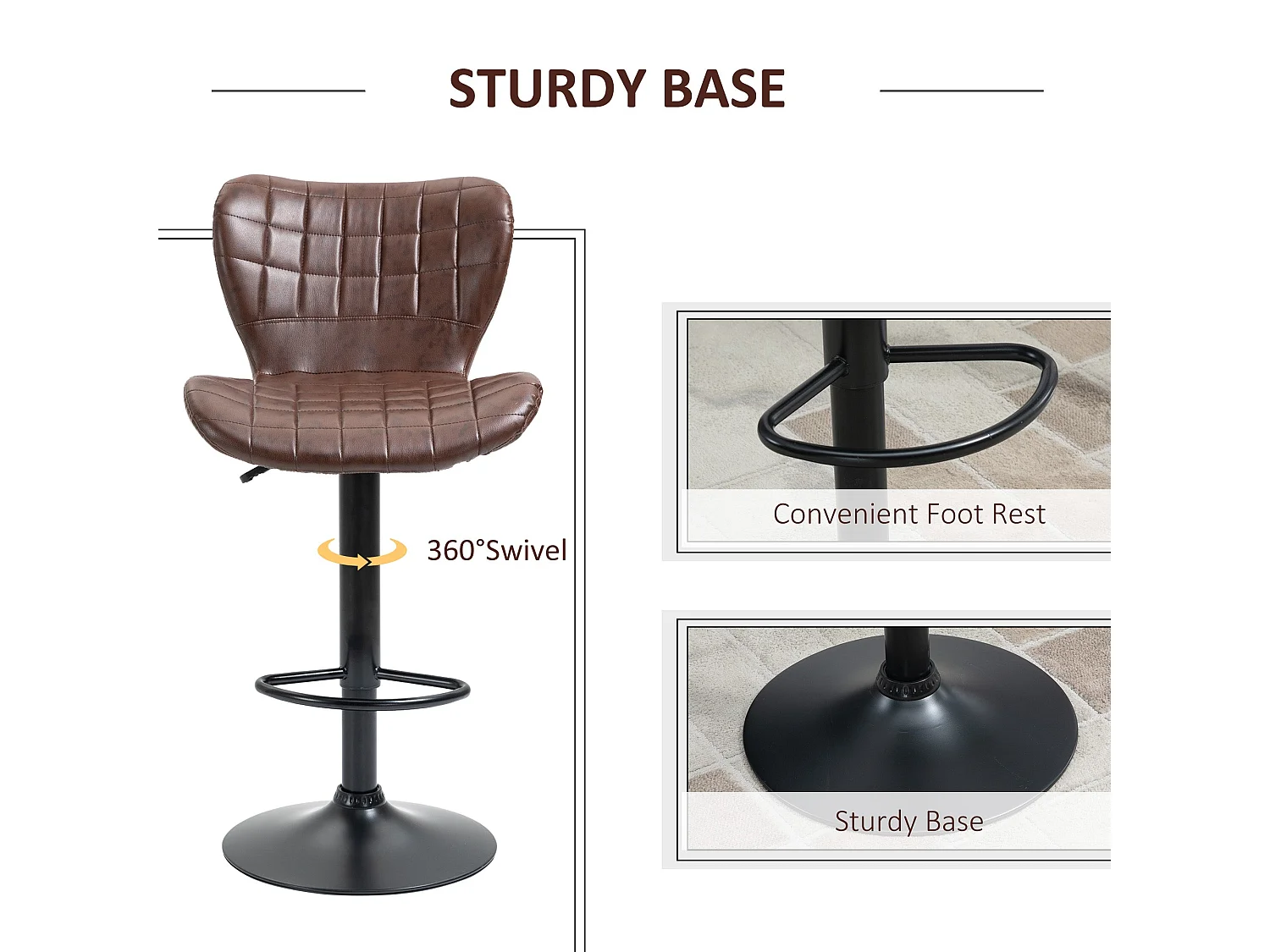 Setora Set of 2 Brown Faux Leather Adjustable Bar Stools with Backrest and Footrest