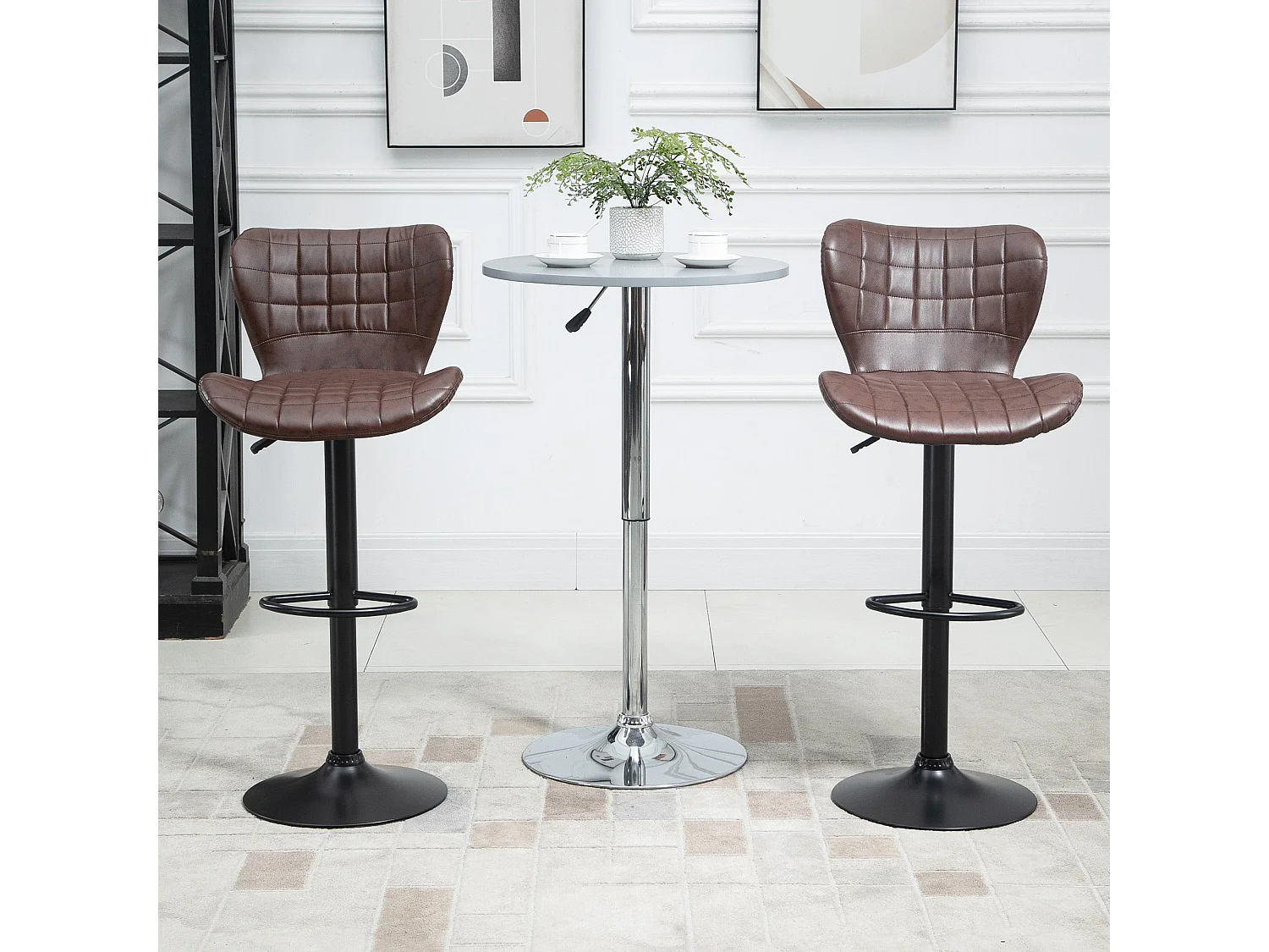 Setora Set of 2 Brown Faux Leather Adjustable Bar Stools with Backrest and Footrest