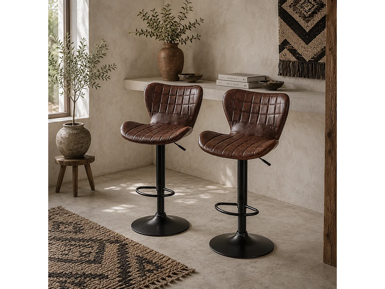 Setora Set of 2 Brown Faux Leather Adjustable Bar Stools with Backrest and Footrest