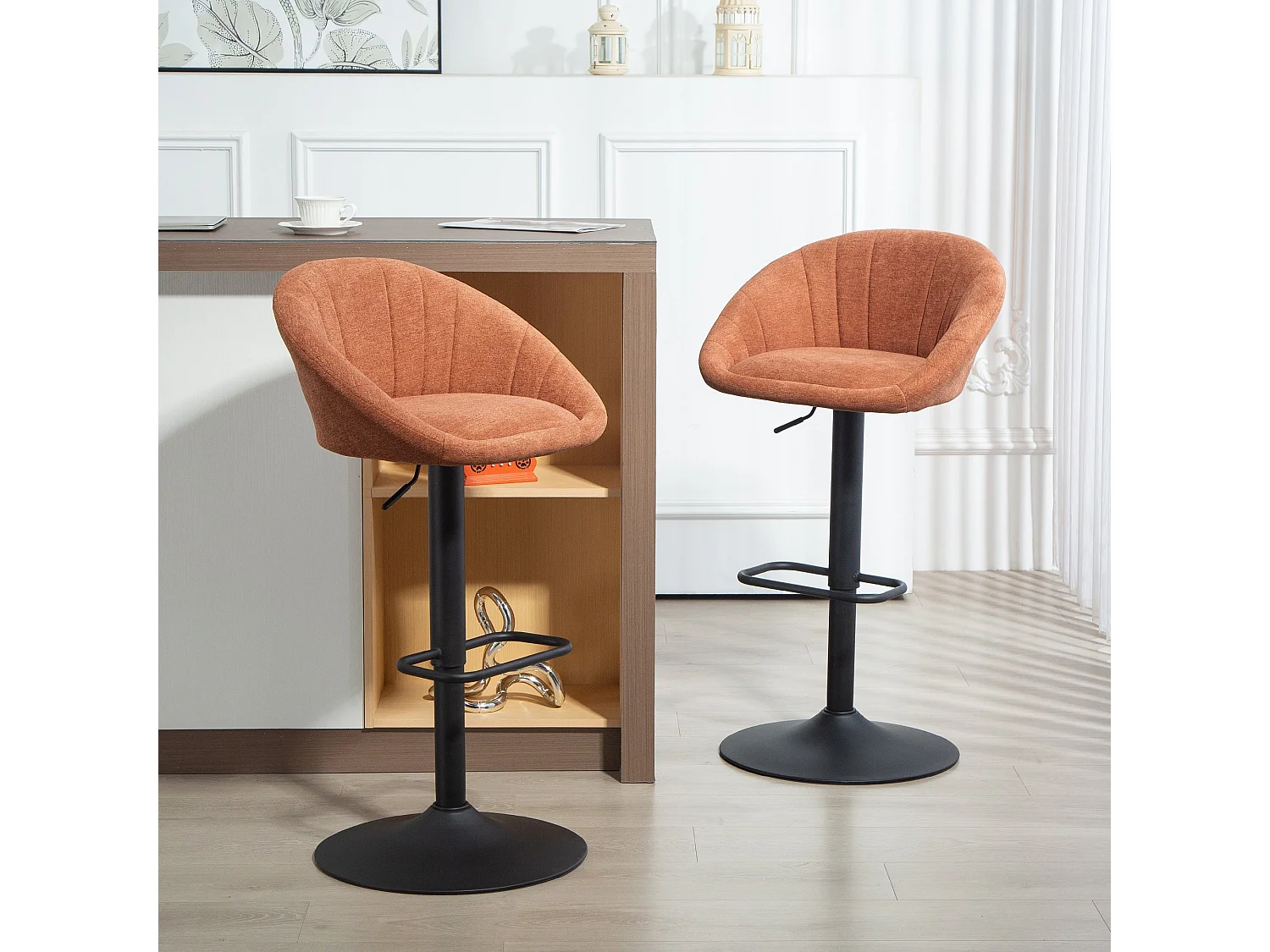 Lovake Orange Fabric Relaxed Tub Bar Stools Set of 2 Adjustable Height 360° Swivel Stainless Steel Frame