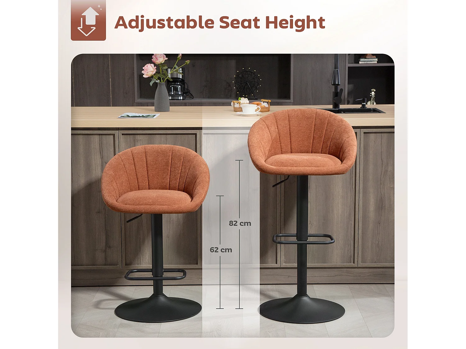 Lovake Orange Fabric Relaxed Tub Bar Stools Set of 2 Adjustable Height 360° Swivel Stainless Steel Frame