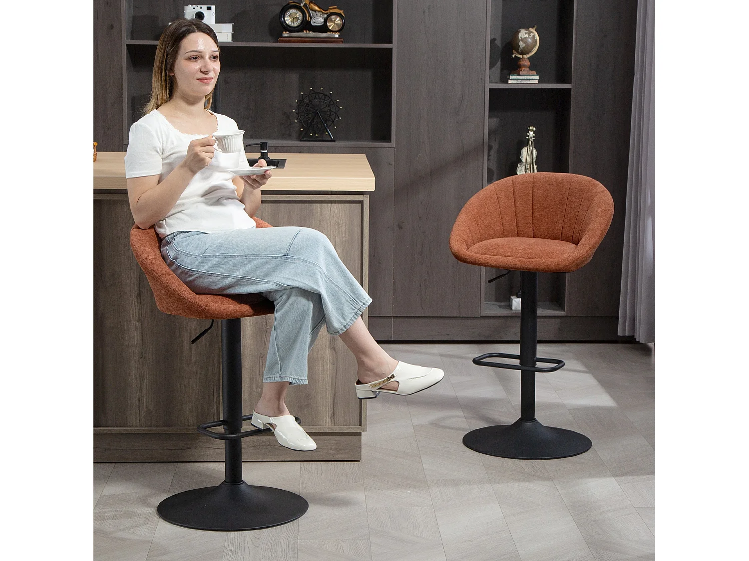 Lovake Orange Fabric Relaxed Tub Bar Stools Set of 2 Adjustable Height 360° Swivel Stainless Steel Frame