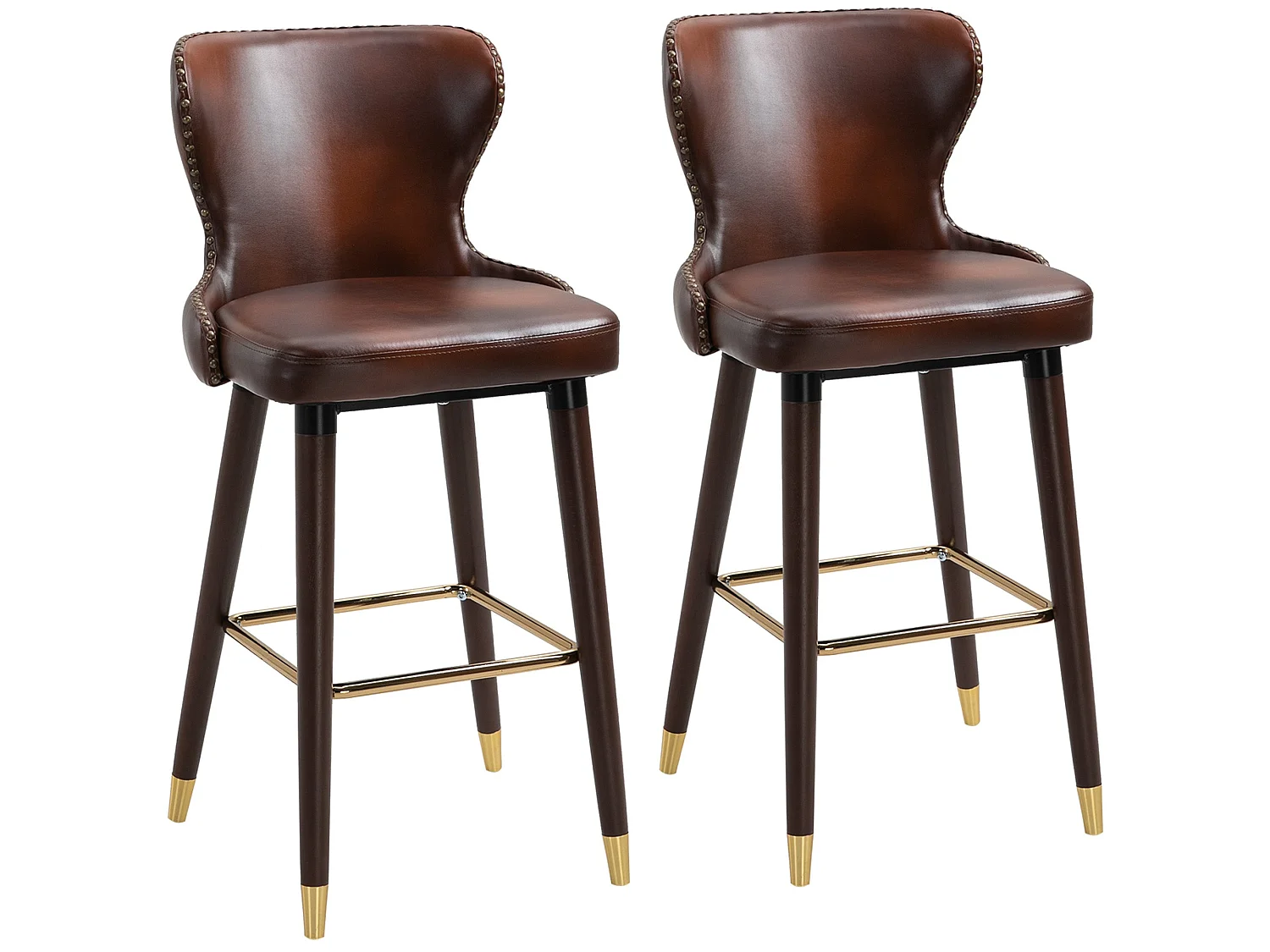 Halotti Brown PU Leather Bar Stools Set of 2 with Back Support and Wooden Legs
