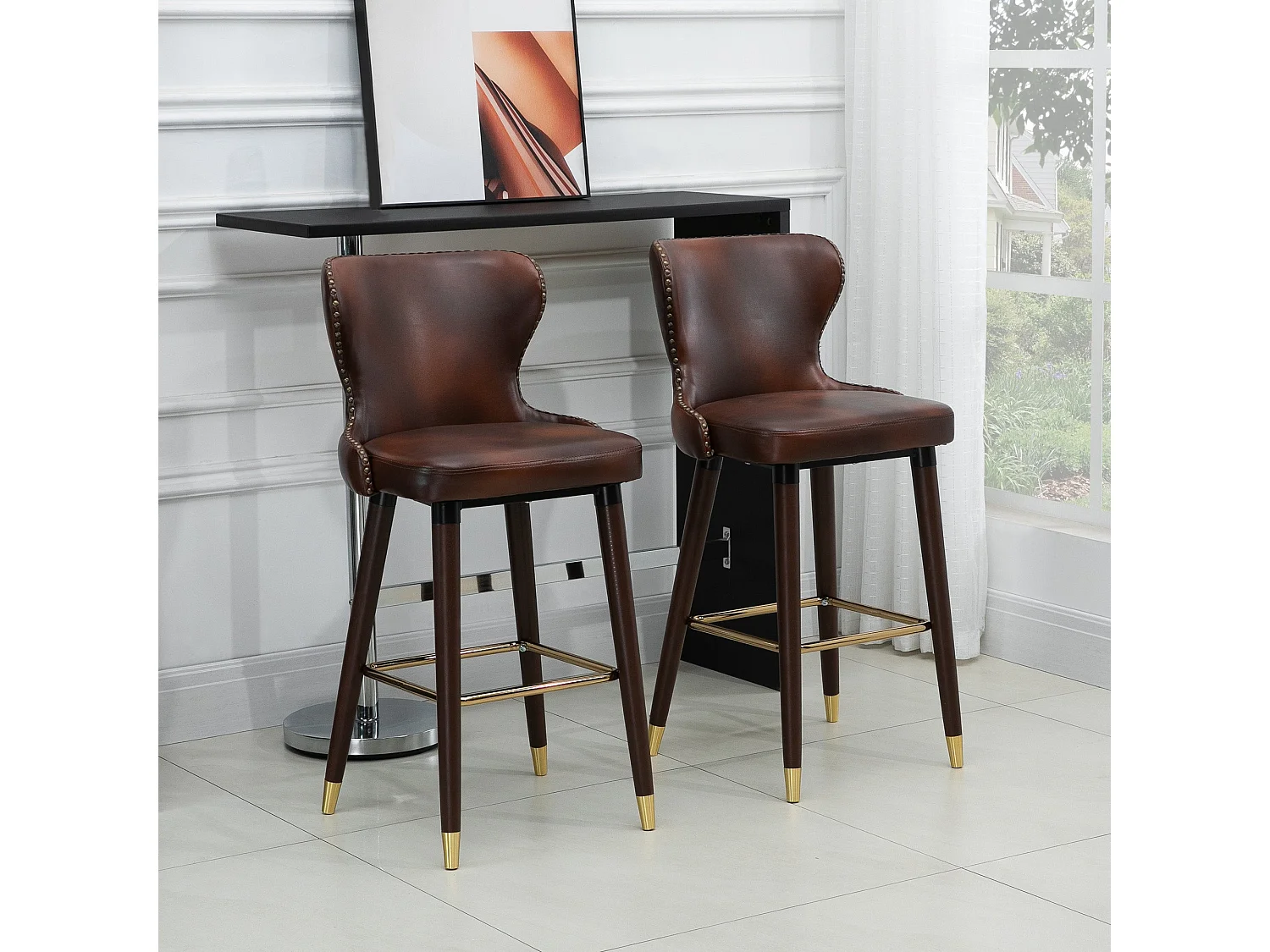 Halotti Brown PU Leather Bar Stools Set of 2 with Back Support and Wooden Legs