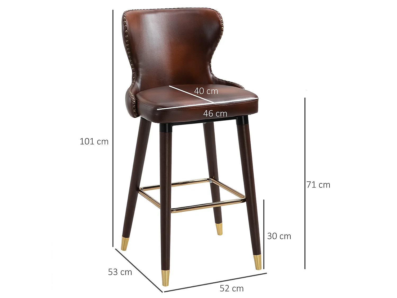 Halotti Brown PU Leather Bar Stools Set of 2 with Back Support and Wooden Legs