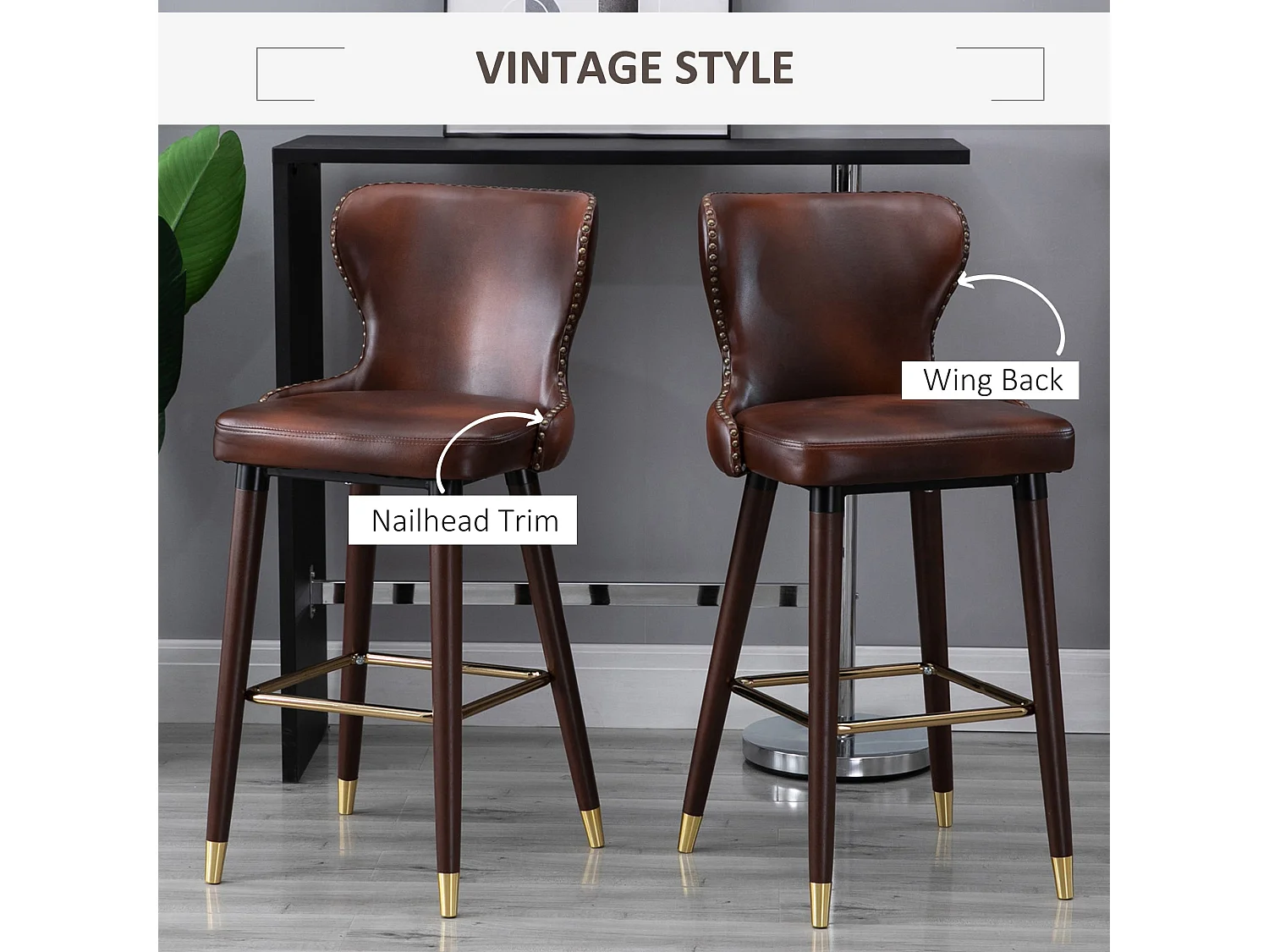 Halotti Brown PU Leather Bar Stools Set of 2 with Back Support and Wooden Legs