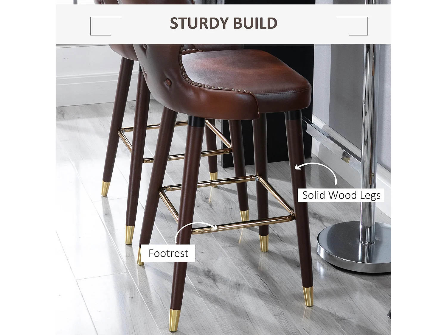 Halotti Brown PU Leather Bar Stools Set of 2 with Back Support and Wooden Legs