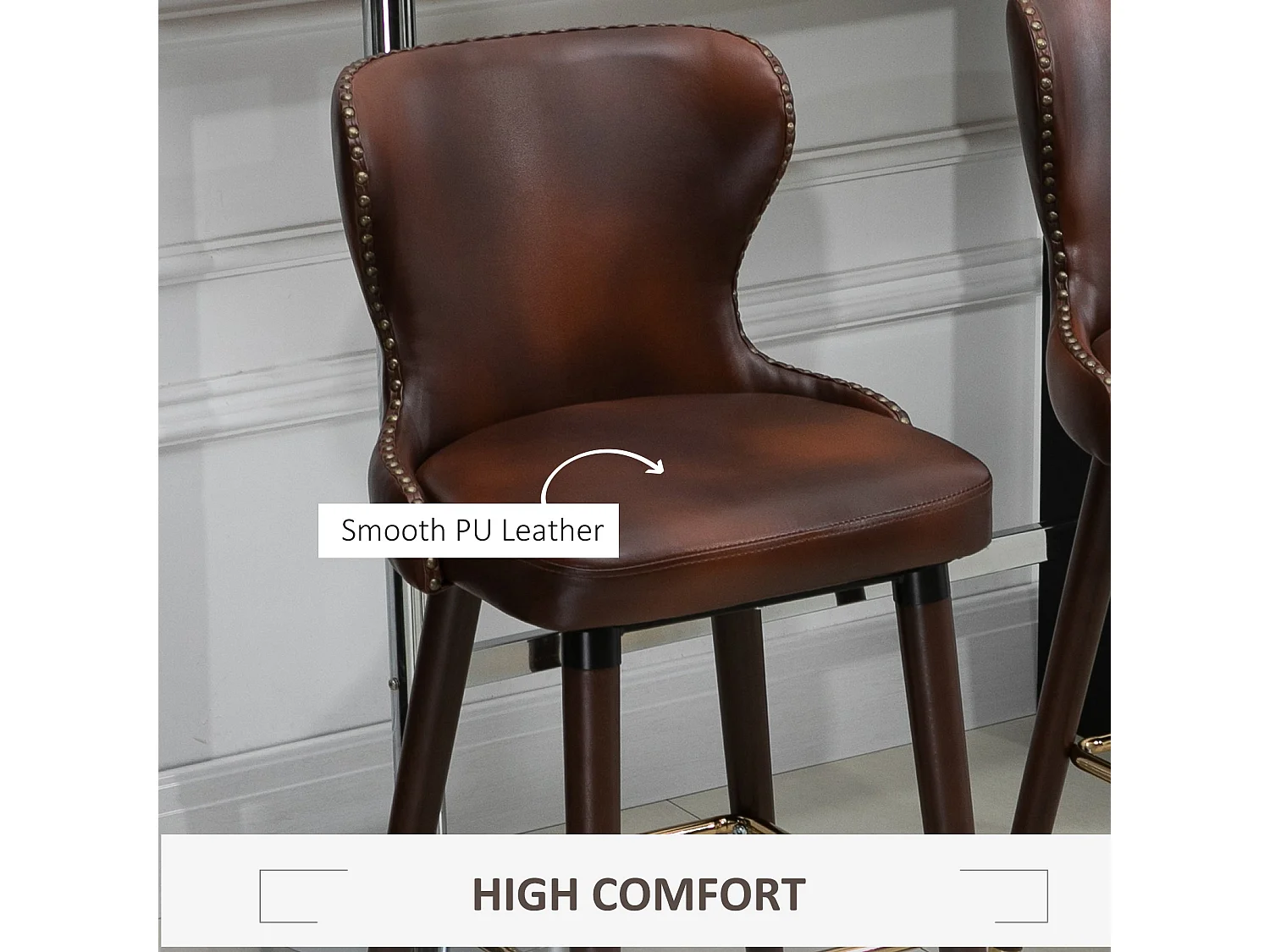 Halotti Brown PU Leather Bar Stools Set of 2 with Back Support and Wooden Legs