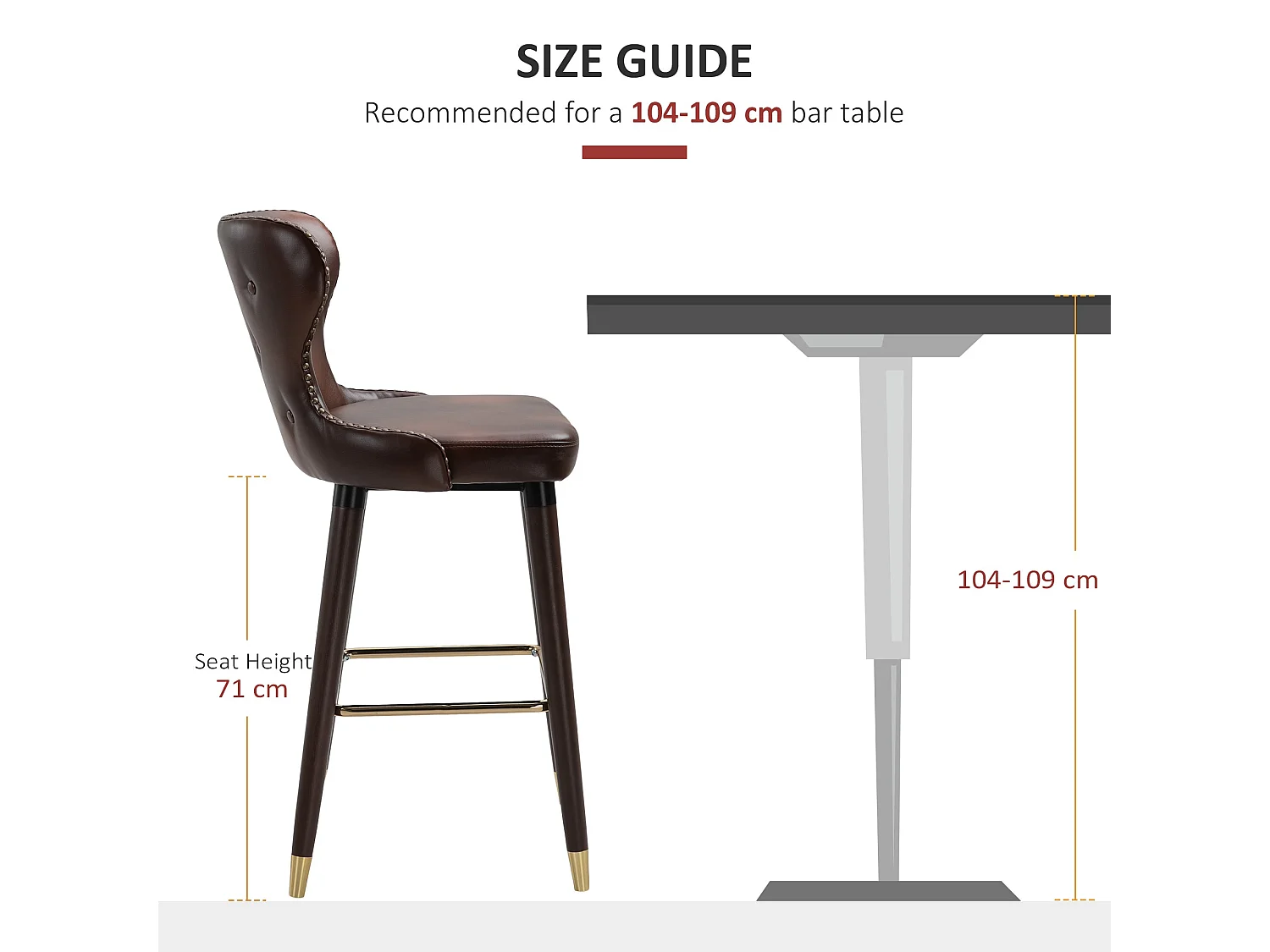 Halotti Brown PU Leather Bar Stools Set of 2 with Back Support and Wooden Legs