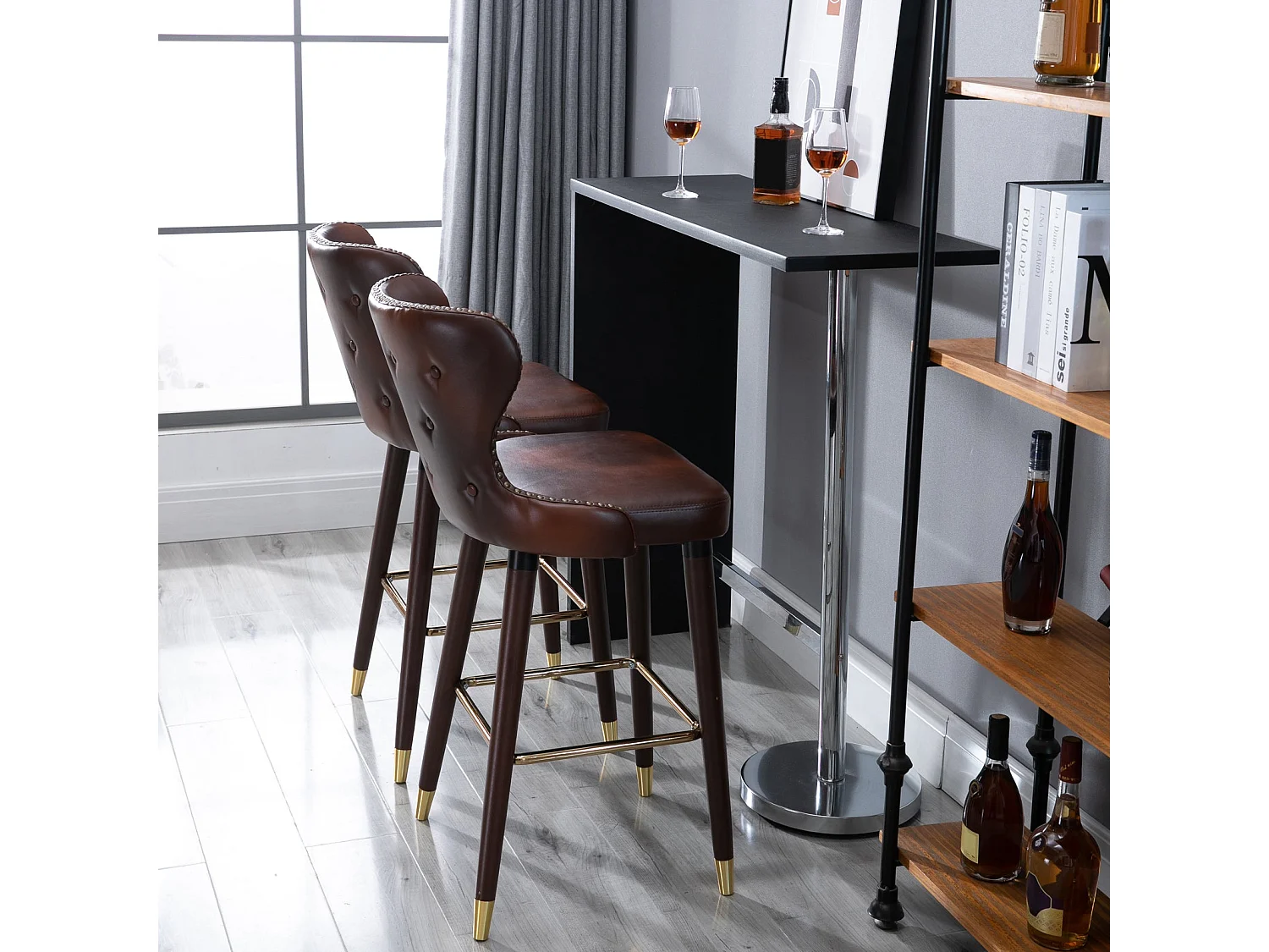 Halotti Brown PU Leather Bar Stools Set of 2 with Back Support and Wooden Legs