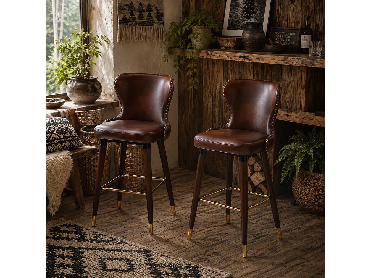 Halotti Brown PU Leather Bar Stools Set of 2 with Back Support and Wooden Legs
