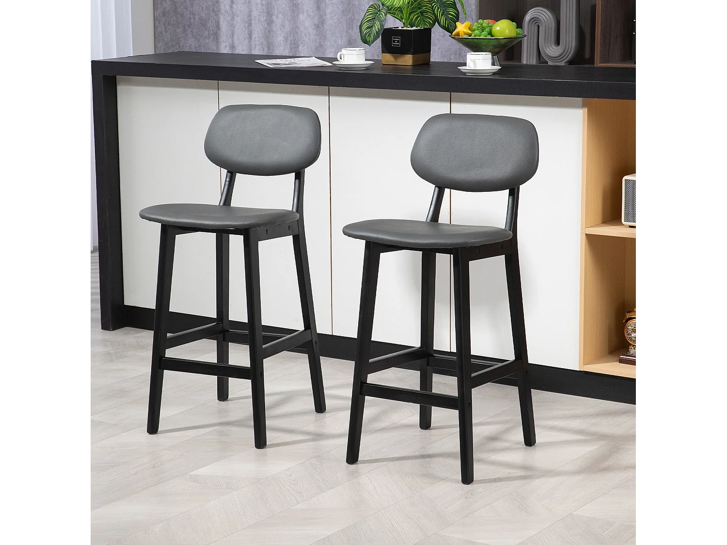 Lavidiel Dark Grey Faux Leather Bar Stools Set of 2 with Back Support and Wood Legs