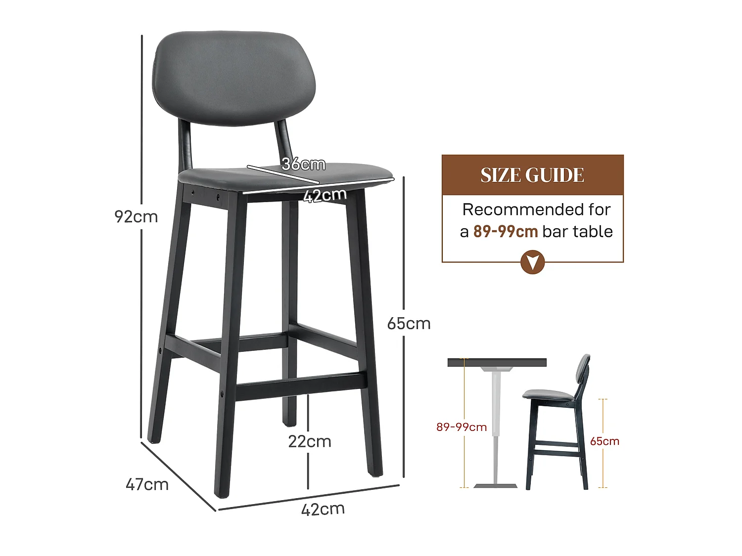 Lavidiel Dark Grey Faux Leather Bar Stools Set of 2 with Back Support and Wood Legs
