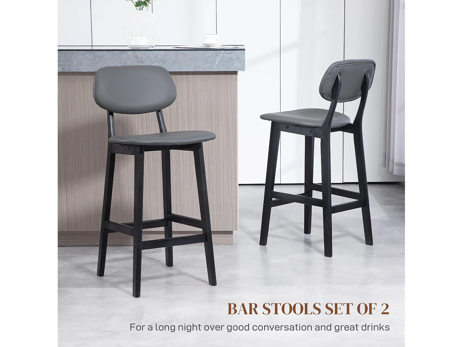 Lavidiel Dark Grey Faux Leather Bar Stools Set of 2 with Back Support and Wood Legs