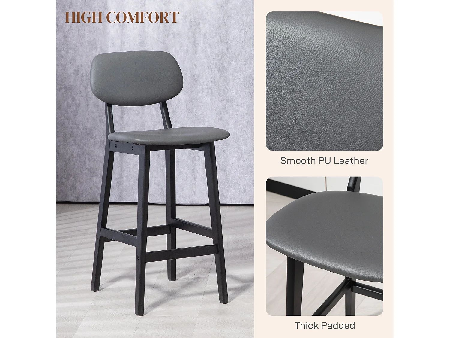 Lavidiel Dark Grey Faux Leather Bar Stools Set of 2 with Back Support and Wood Legs