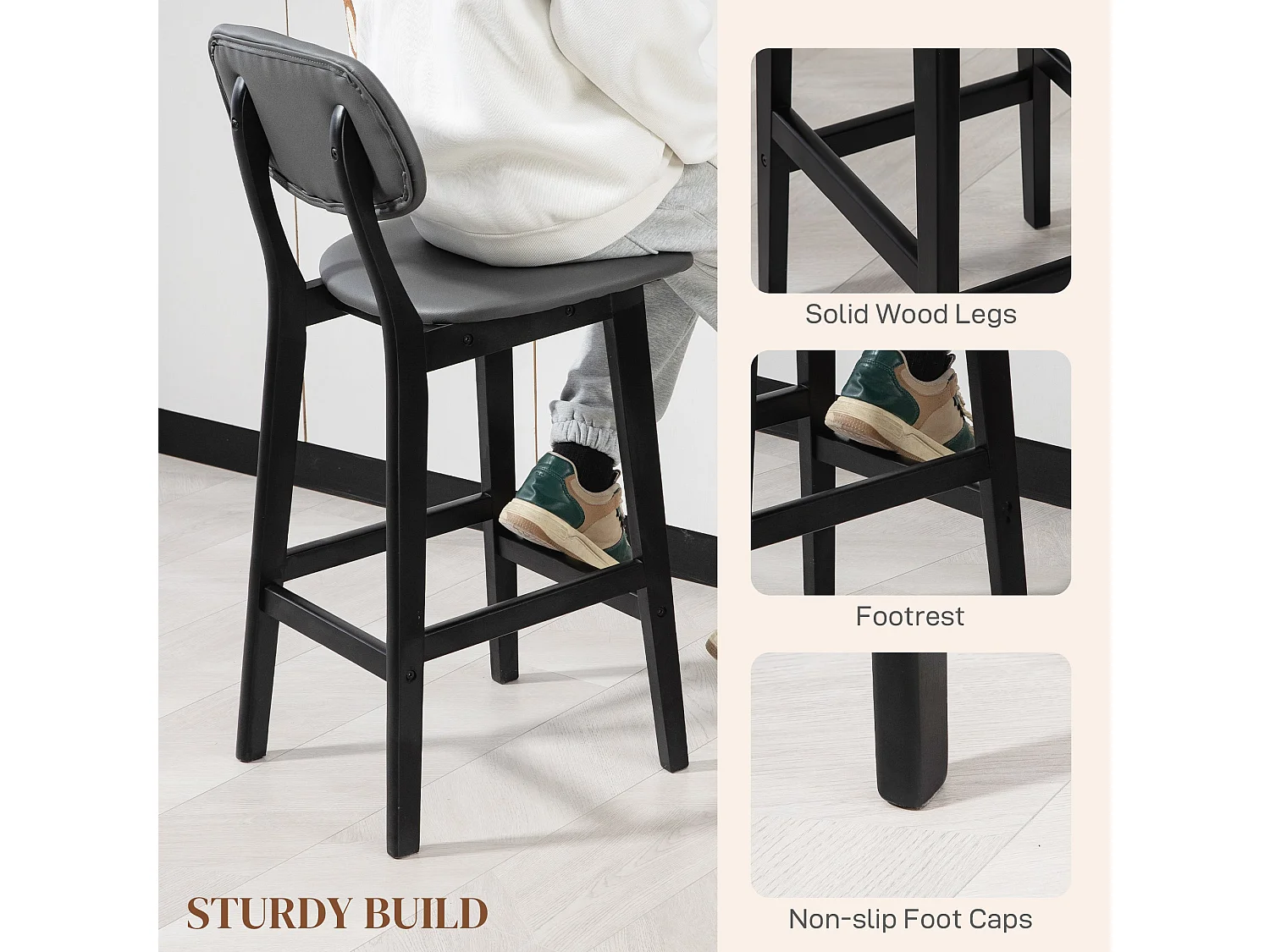 Lavidiel Dark Grey Faux Leather Bar Stools Set of 2 with Back Support and Wood Legs
