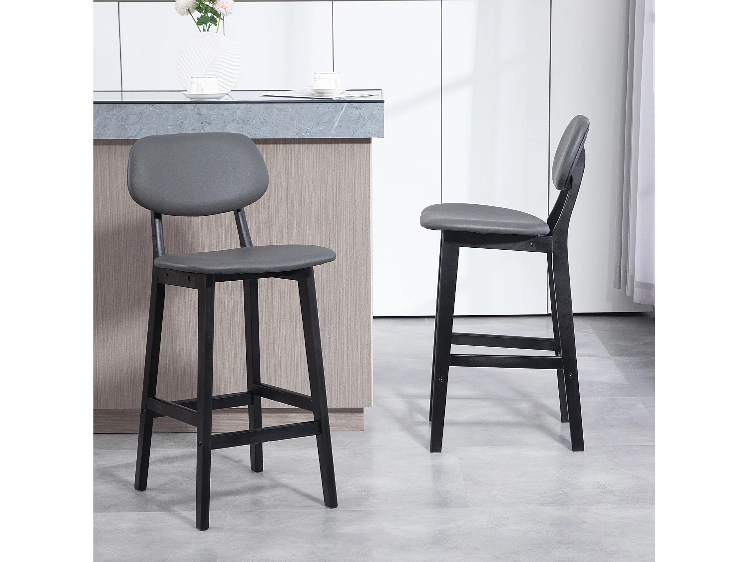 Lavidiel Dark Grey Faux Leather Bar Stools Set of 2 with Back Support and Wood Legs