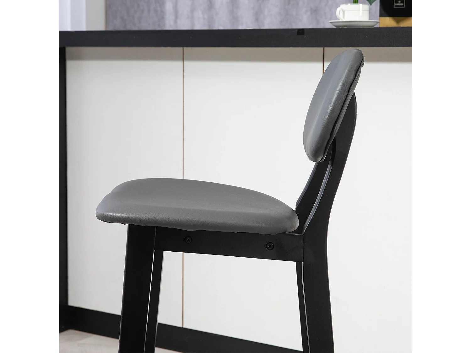 Lavidiel Dark Grey Faux Leather Bar Stools Set of 2 with Back Support and Wood Legs