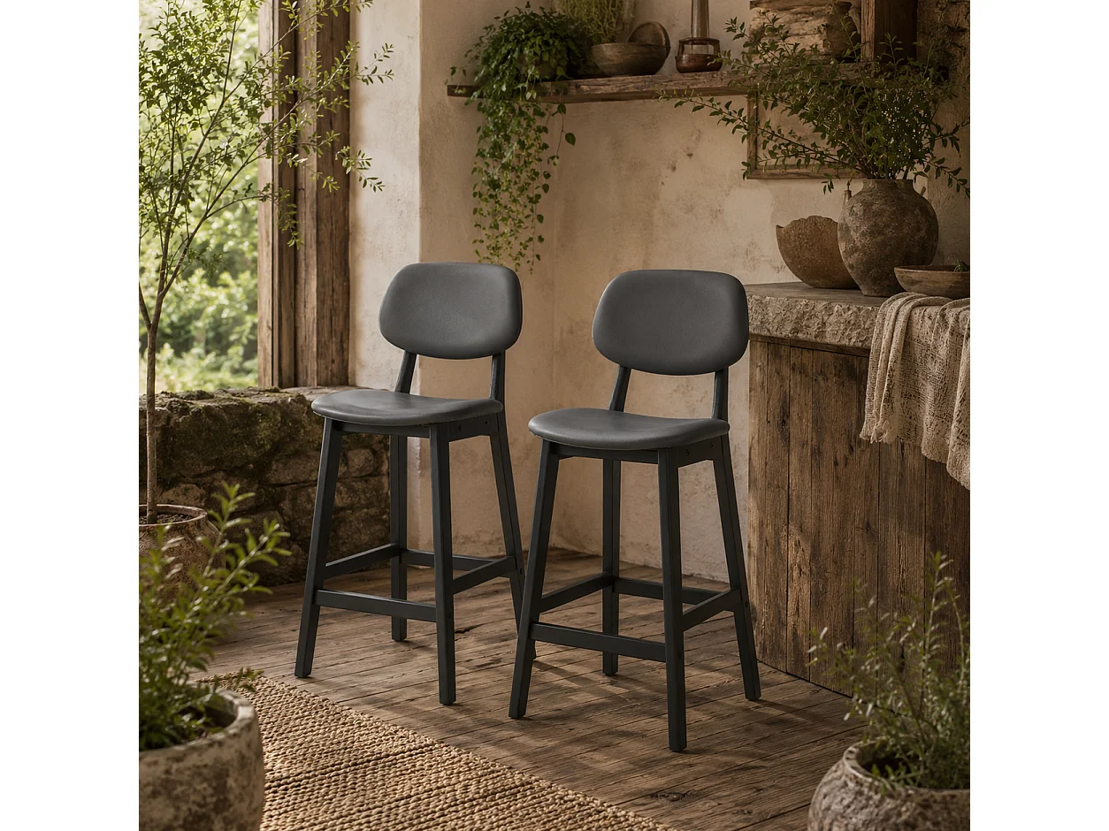 Lavidiel Dark Grey Faux Leather Bar Stools Set of 2 with Back Support and Wood Legs