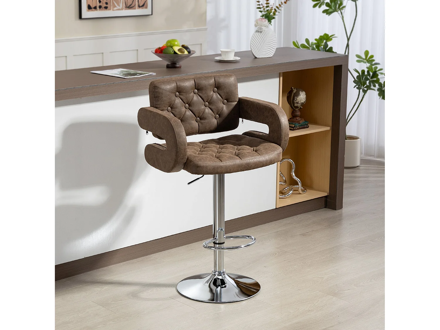 Dovetti Coffee Brown Faux Leather Adjustable Swivel Bar Stool with Armrests