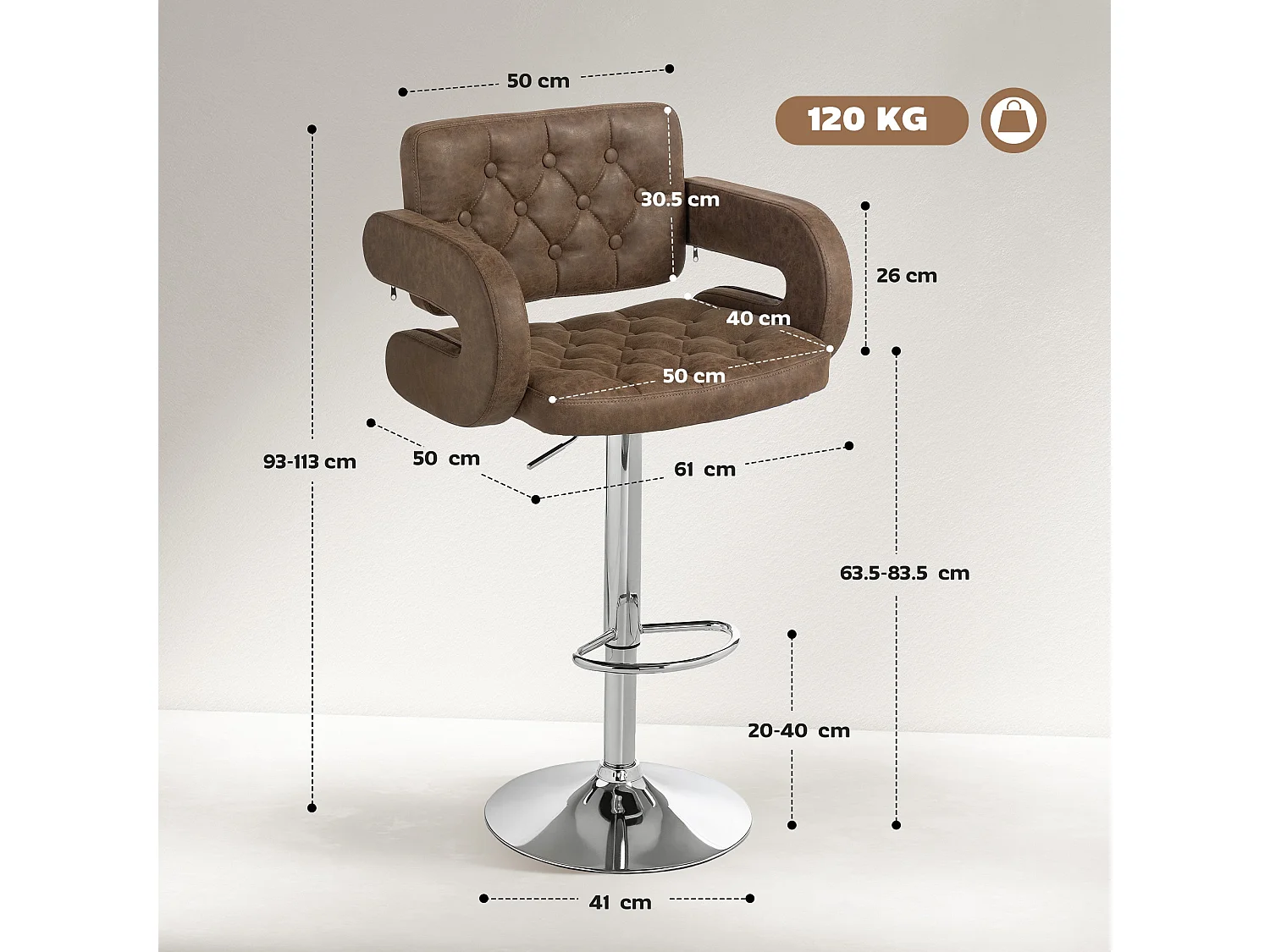 Dovetti Coffee Brown Faux Leather Adjustable Swivel Bar Stool with Armrests