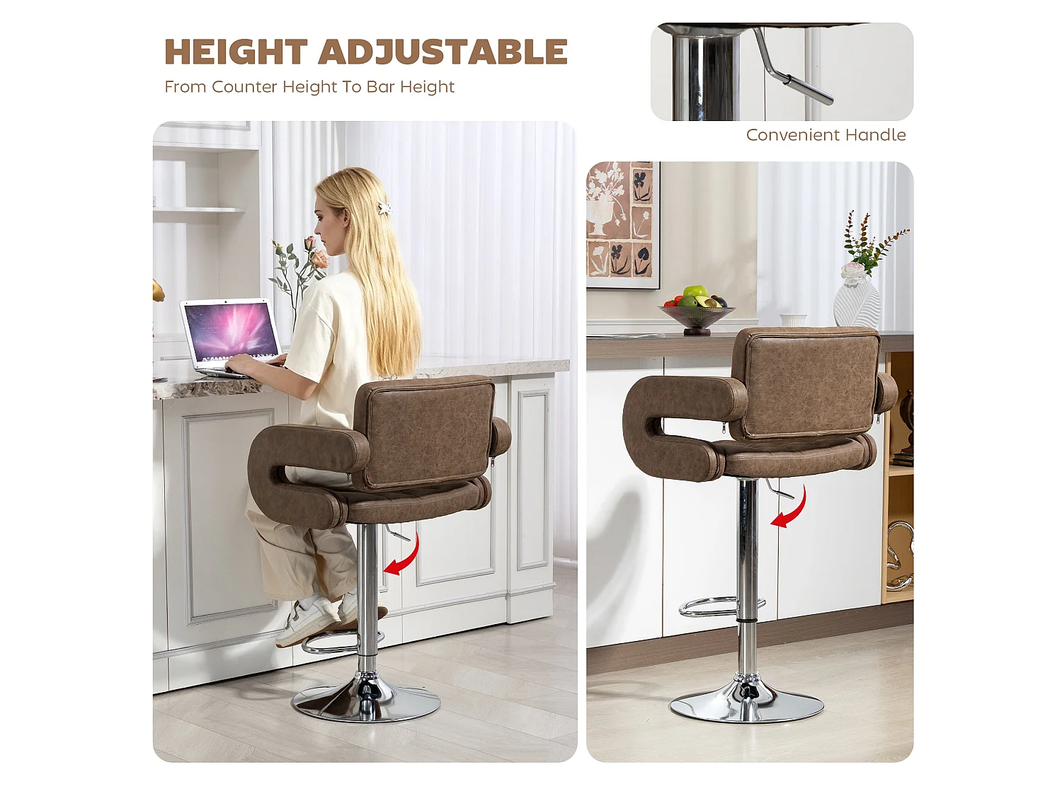 Dovetti Coffee Brown Faux Leather Adjustable Swivel Bar Stool with Armrests