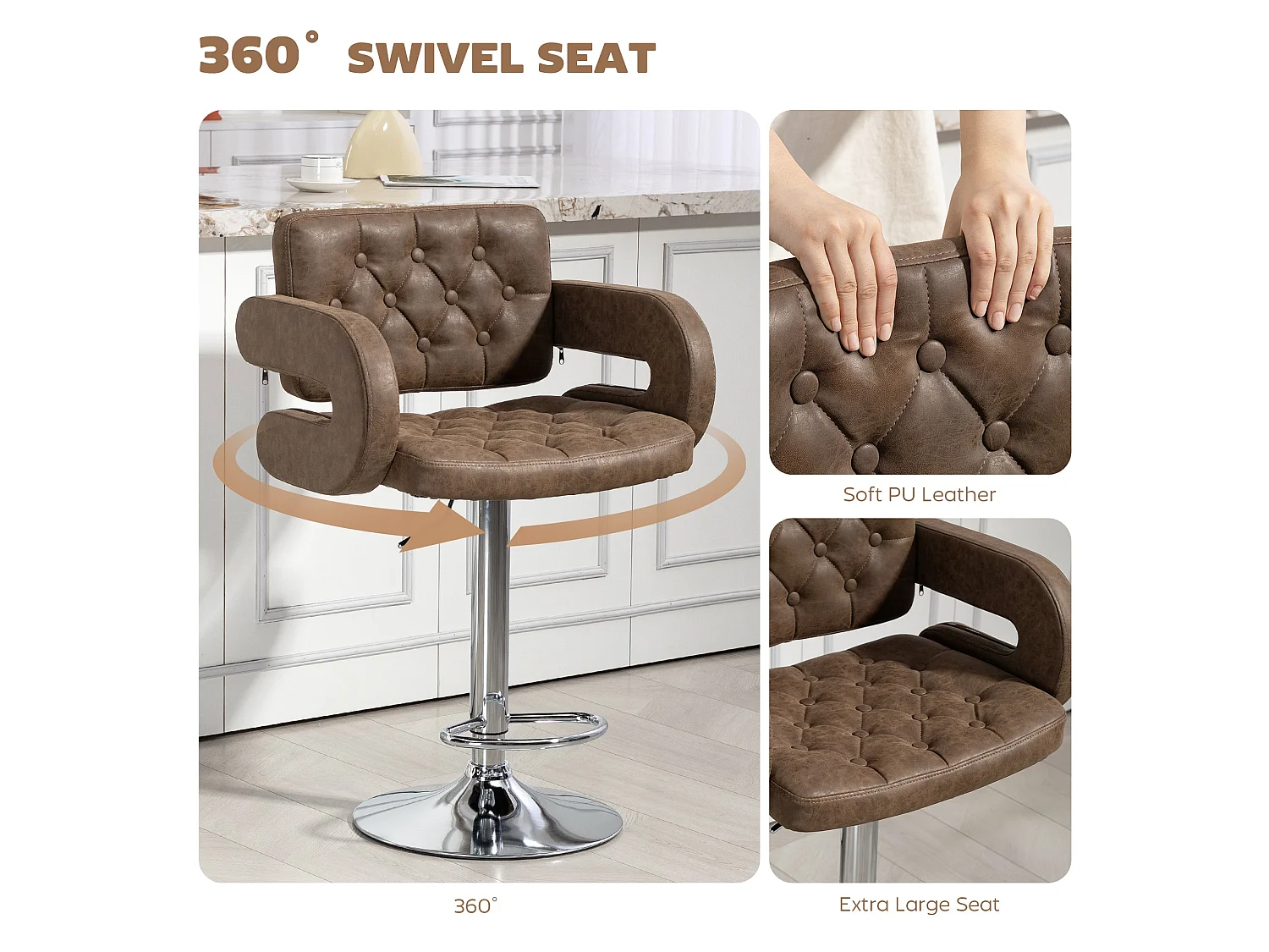 Dovetti Coffee Brown Faux Leather Adjustable Swivel Bar Stool with Armrests