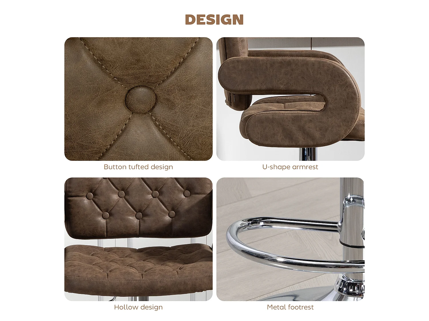 Dovetti Coffee Brown Faux Leather Adjustable Swivel Bar Stool with Armrests