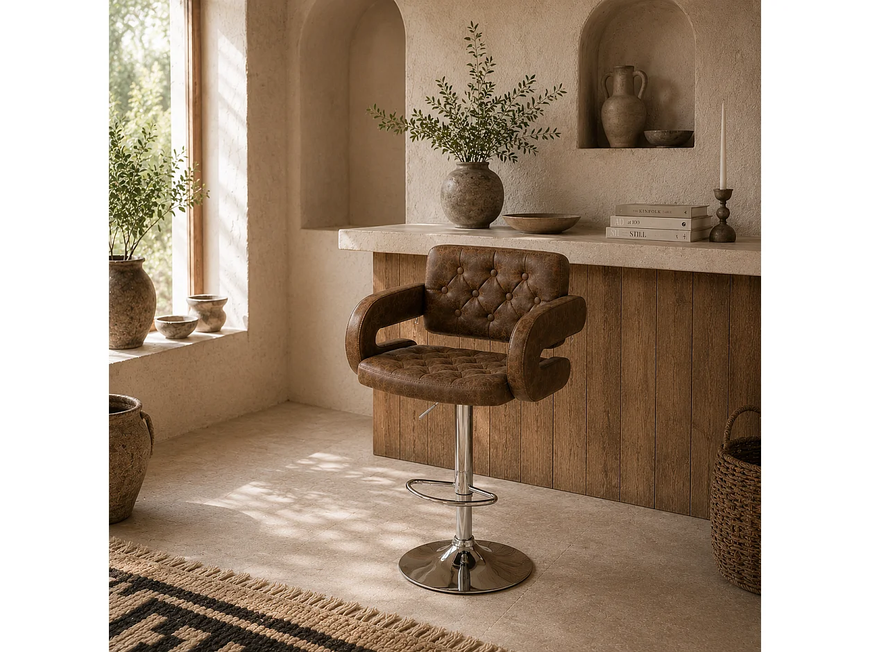 Dovetti Coffee Brown Faux Leather Adjustable Swivel Bar Stool with Armrests