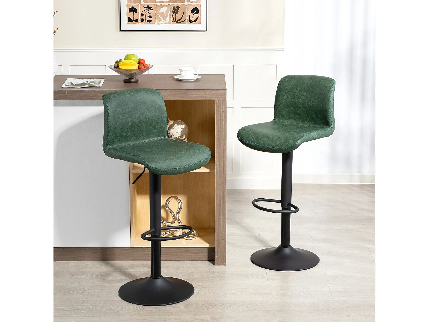 Kekero Set of 2 Green Faux Leather Counter Stools with Backrest and Footrest