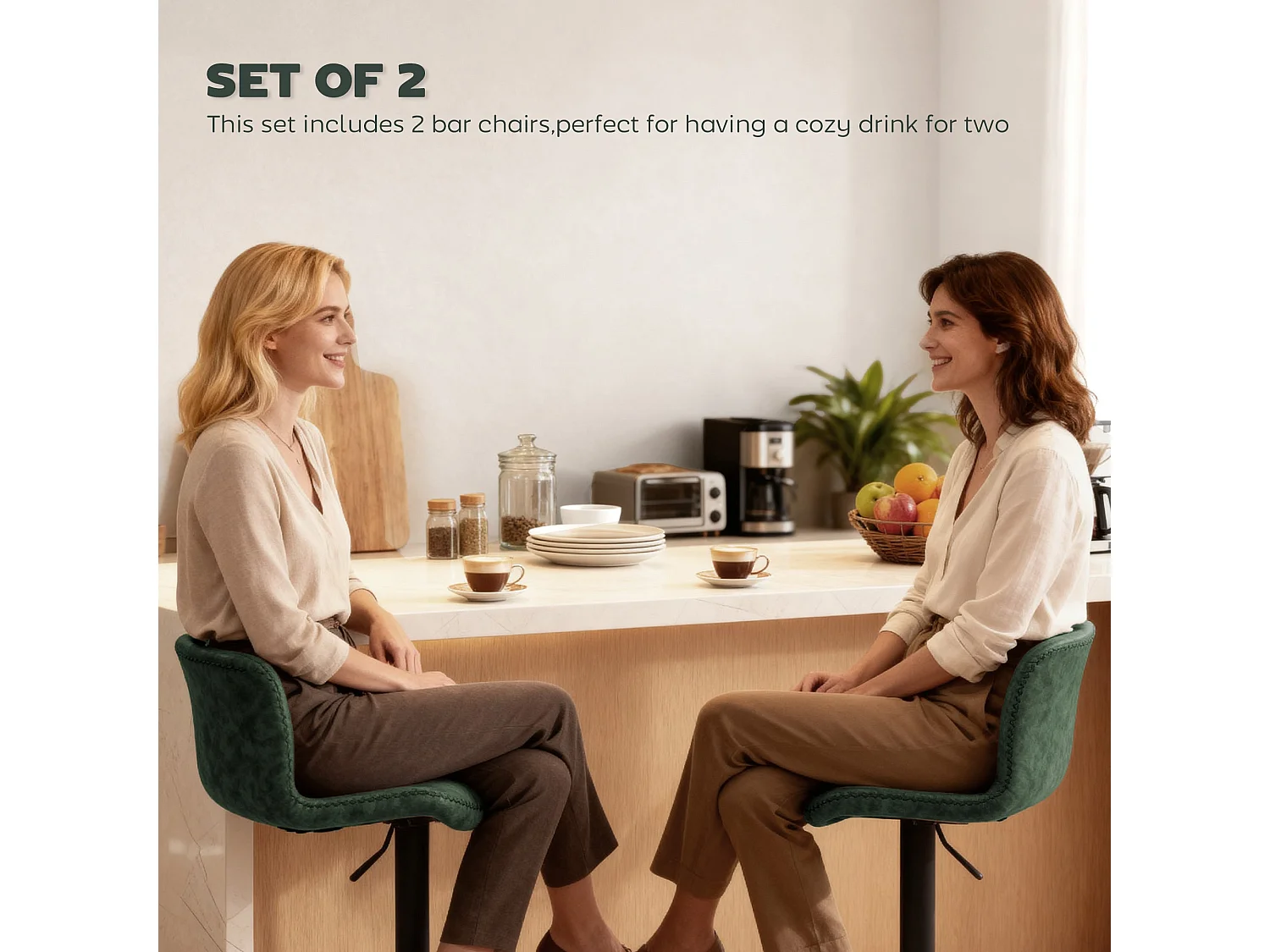 Kekero Set of 2 Green Faux Leather Counter Stools with Backrest and Footrest