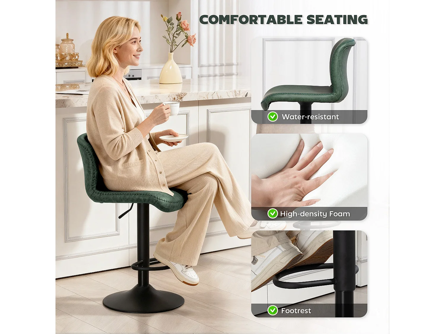 Kekero Set of 2 Green Faux Leather Counter Stools with Backrest and Footrest