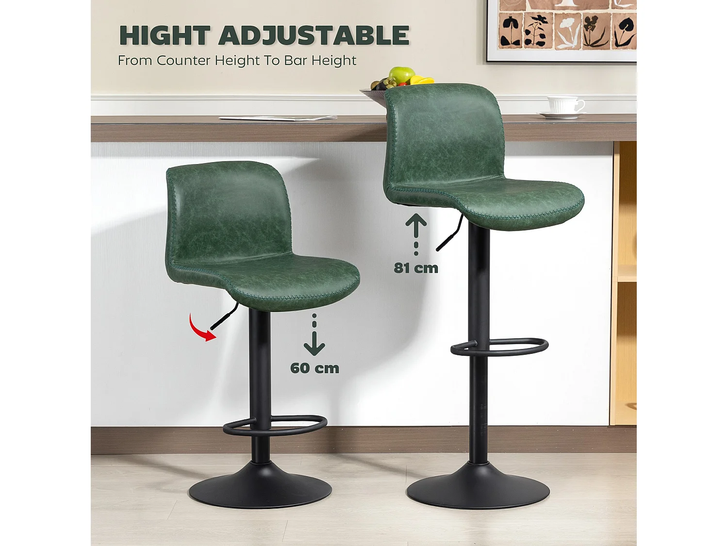 Kekero Set of 2 Green Faux Leather Counter Stools with Backrest and Footrest