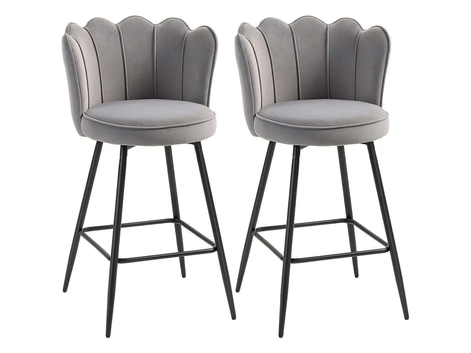 Ramette Velvet Grey Lotus Bar Stools Set of 2 Sculpted High Back Armless Steel Legs